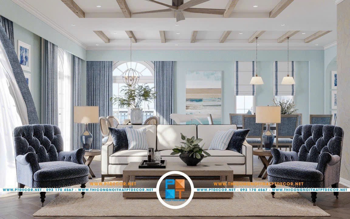 Phòng khách với gam màu xanh giúp cho không gian trở nên nhẹ nhàng sang trọng